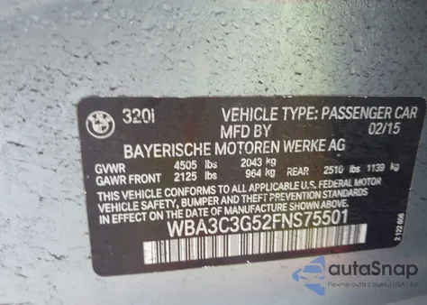 2015 BMW 320I xDrive из США, поврежденный, VIN WBA3C3G52FNS75501